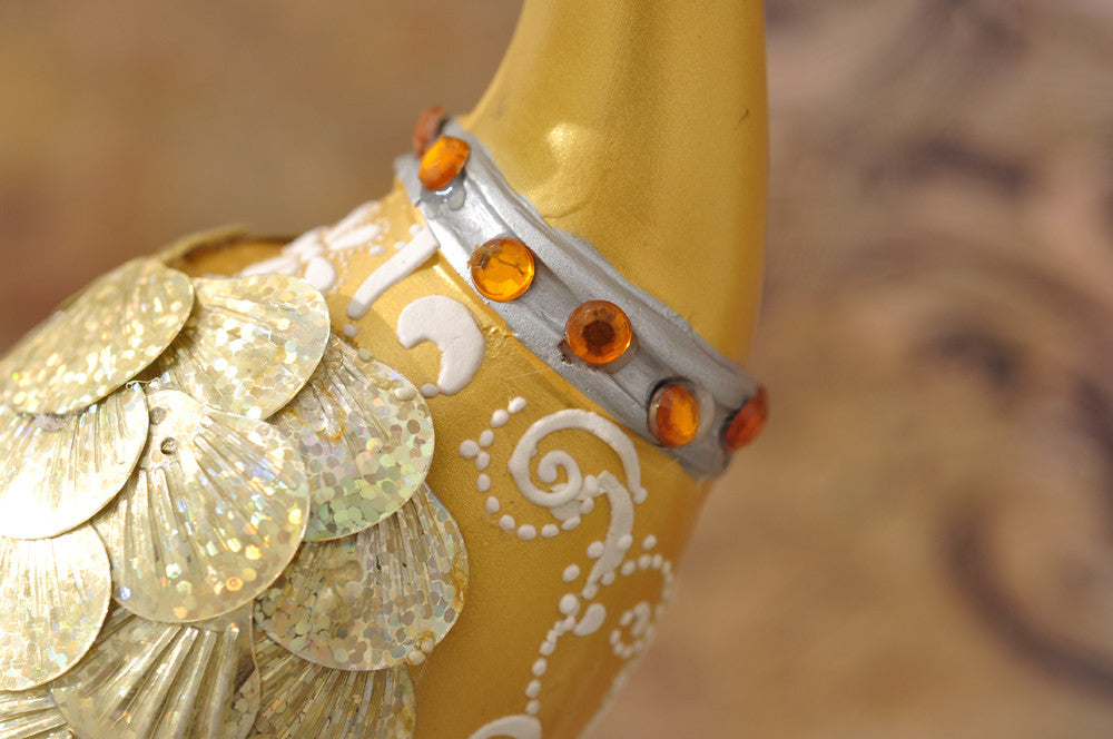 Exquisite Pair of Hand Painted Peacock Sculptures - Gold & Silver