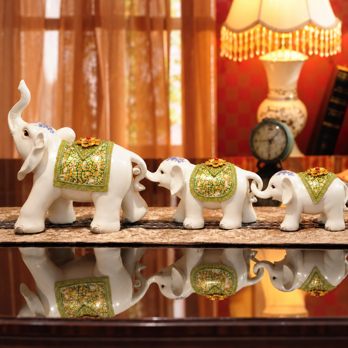 Maharaja Elephant Sculptures – Set of Three – Green