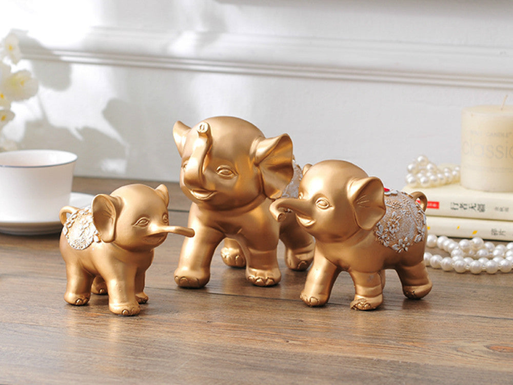 Family of Three Little Elephant Sculptures - Golden