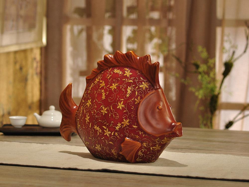 Large Red Fish Sculpture - Hand Painted with Golden Patterns