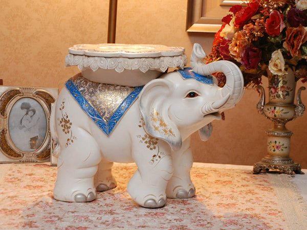 Large Royal Elephant Side Table Sculpture with Blue and Golden Jhools