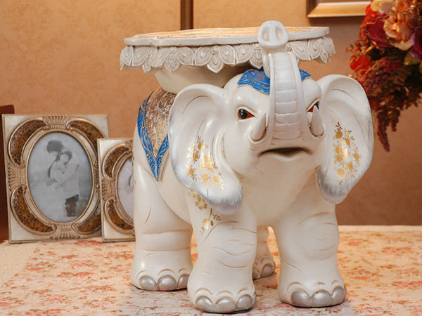 Large Royal Elephant Side Table Sculpture with Blue and Golden Jhools