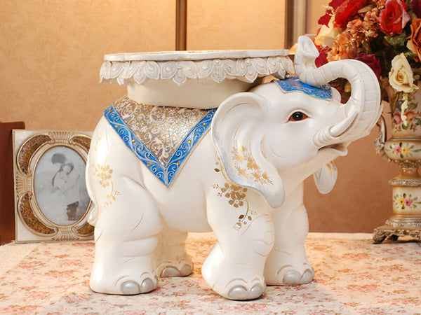 Large Royal Elephant Side Table Sculpture with Blue and Golden Jhools