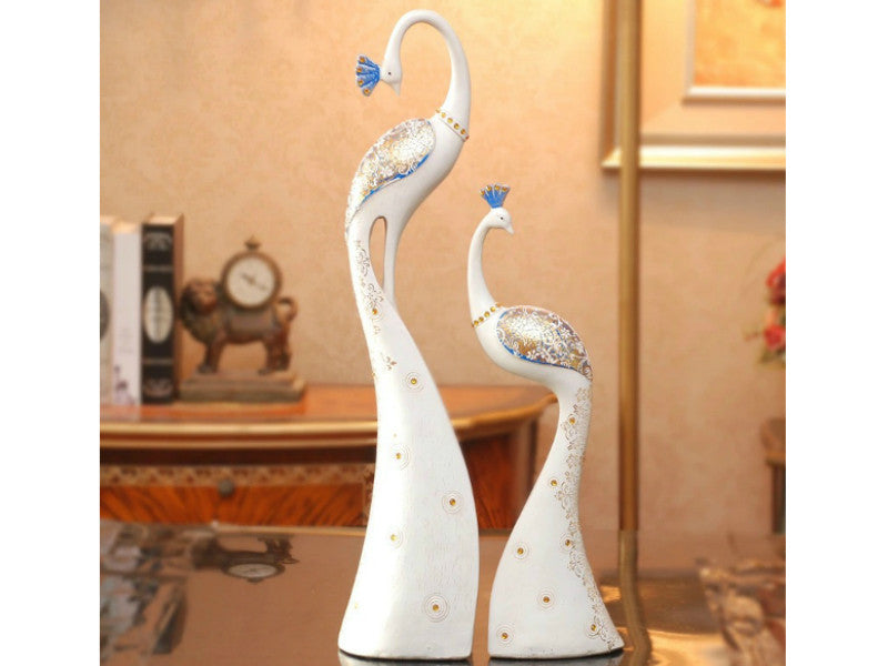 Exquisite Pair of Hand Painted Peacock Sculptures - White & Blue