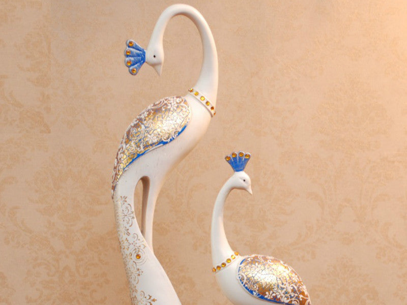 Exquisite Pair of Hand Painted Peacock Sculptures - White & Blue