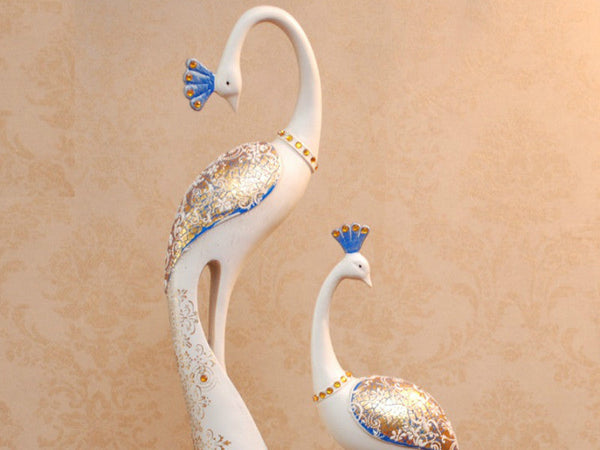 Exquisite Pair of Hand Painted Peacock Sculptures - White & Blue