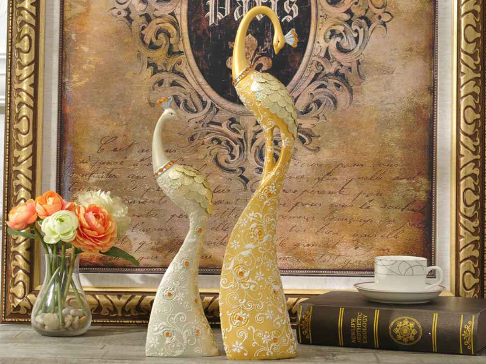 Exquisite Pair of Hand Painted Peacock Sculptures - Gold & Silver