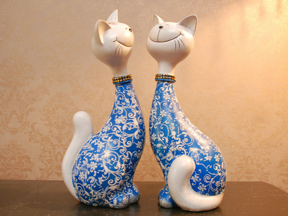 Pair of Happy Cats Sculpture - Blue