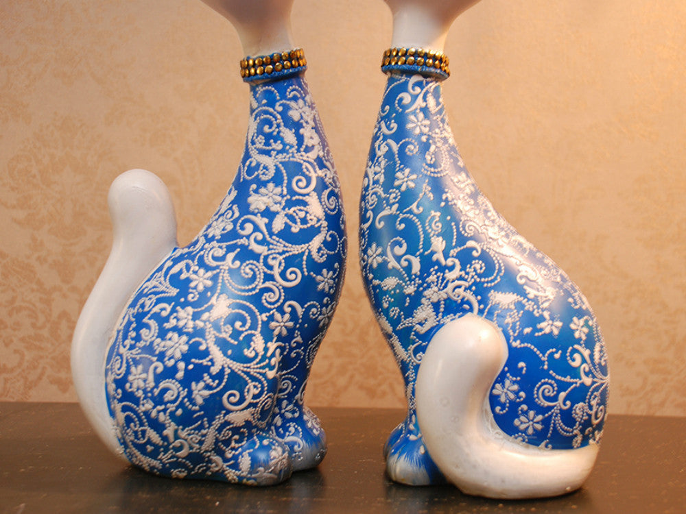 Pair of Happy Cats Sculpture - Blue