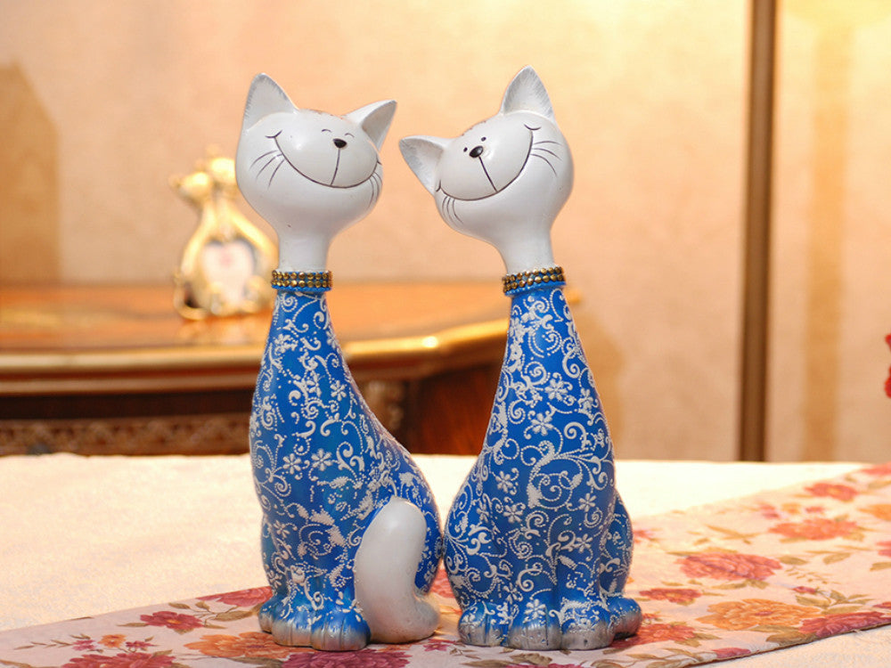 Pair of Happy Cats Sculpture - Blue