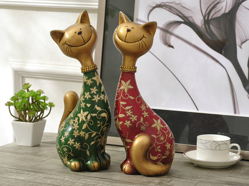 Pair of Happy Cats Sculpture - Red & Green