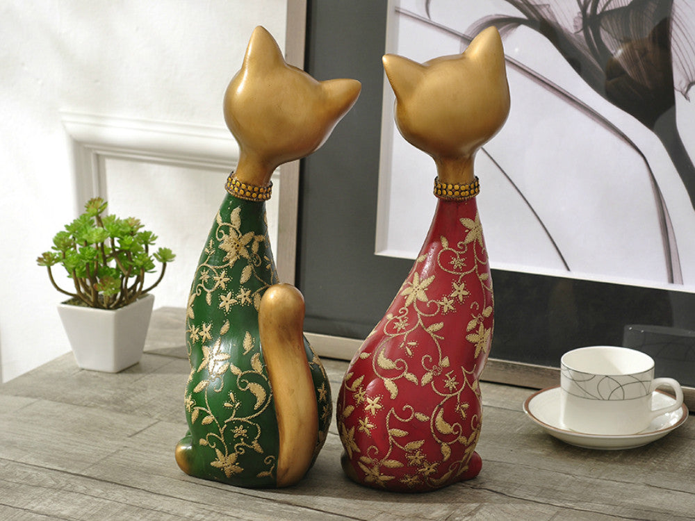 Pair of Happy Cats Sculpture - Red & Green