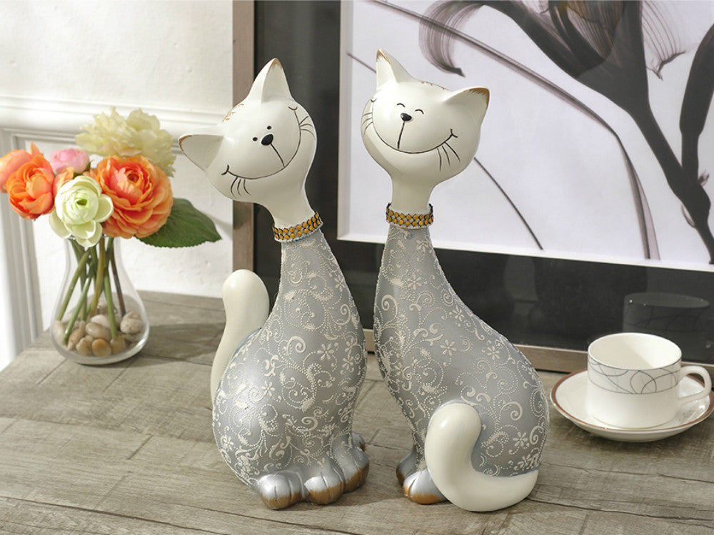 Pair of Happy Cats Sculpture - Silver