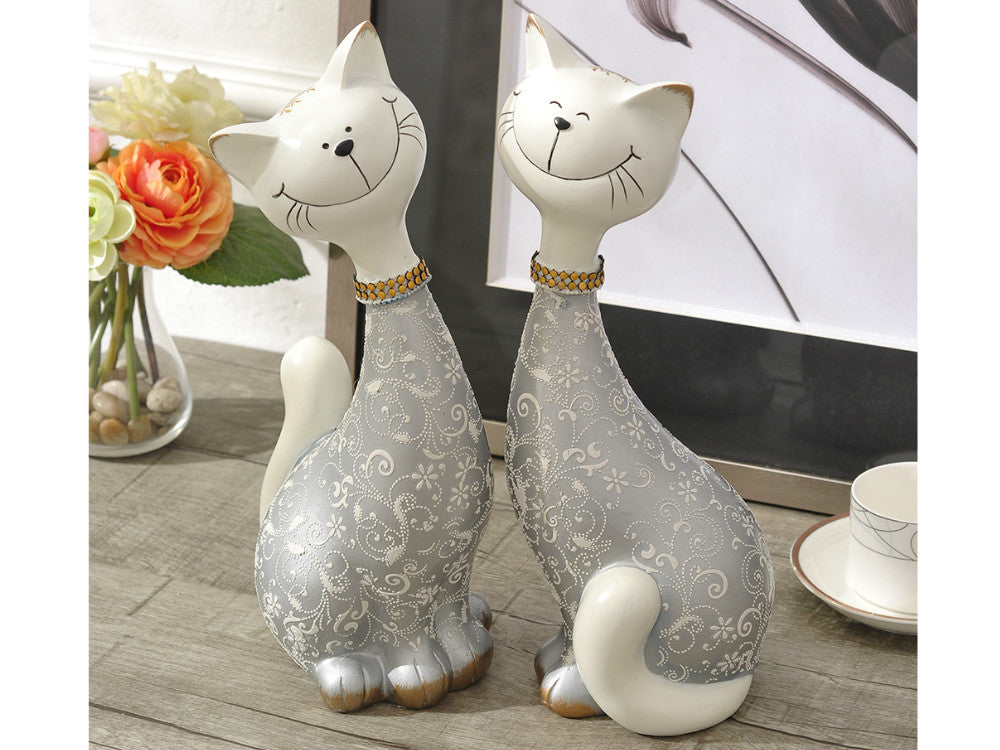 Pair of Happy Cats Sculpture - Silver