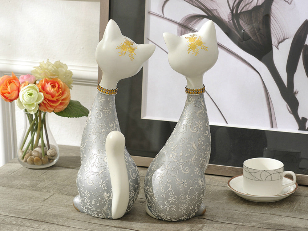 Pair of Happy Cats Sculpture - Silver