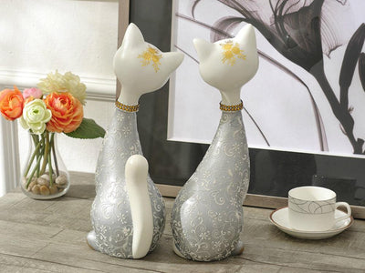 Pair of Happy Cats Sculpture - Silver