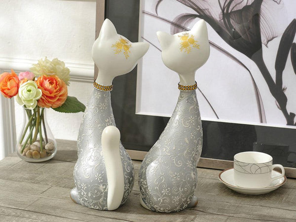 Pair of Happy Cats Sculpture - Silver
