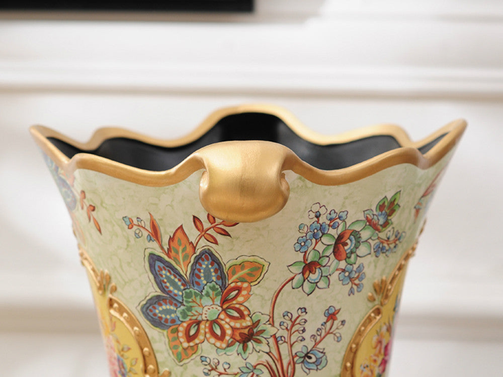 Vintage Collection - Gold Rimmed Ceramic Vase with Hand Painted Flowers