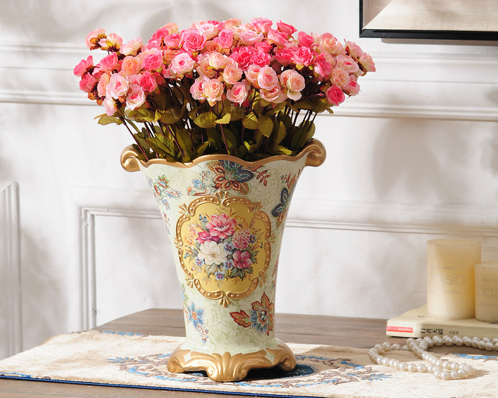 Vintage Collection - Gold Rimmed Ceramic Vase with Hand Painted Flowers
