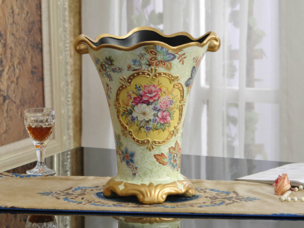 Vintage Collection - Gold Rimmed Ceramic Vase with Hand Painted Flowers