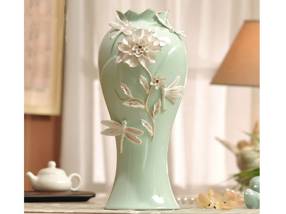 Aqua Green Porcelain Vase with Pinched White Flowers – Elegant Floral Decorative Piece