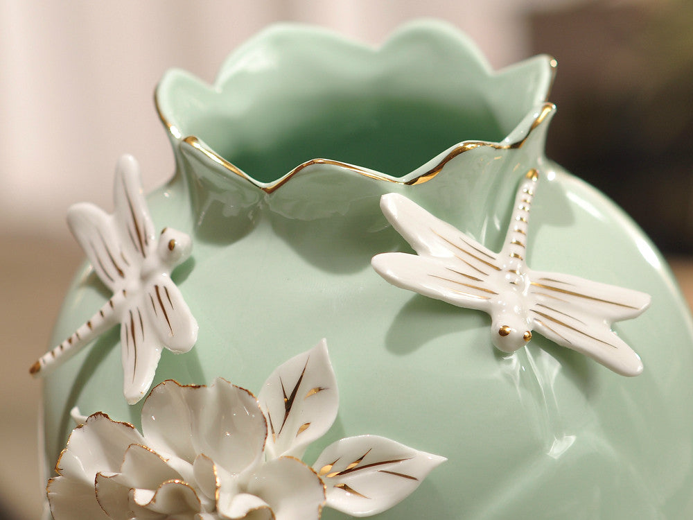 Aqua Green Porcelain Vase with Pinched White Flowers – Elegant Floral Decorative Piece