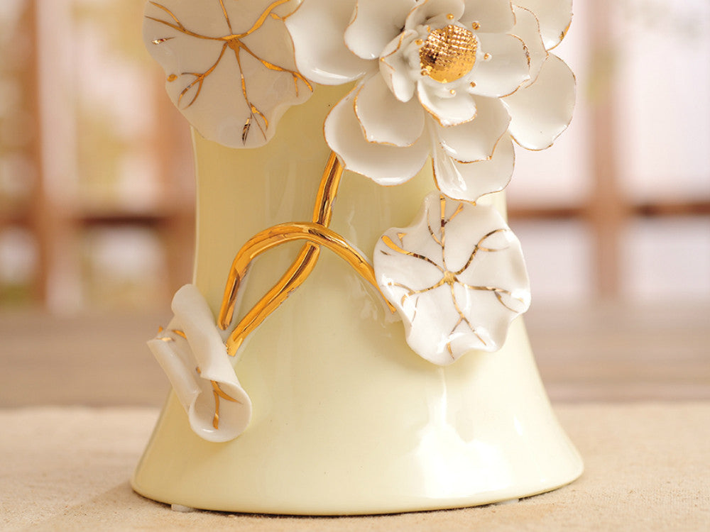 Off-White Porcelain Vase with Pinched Golden stem and White Flowers