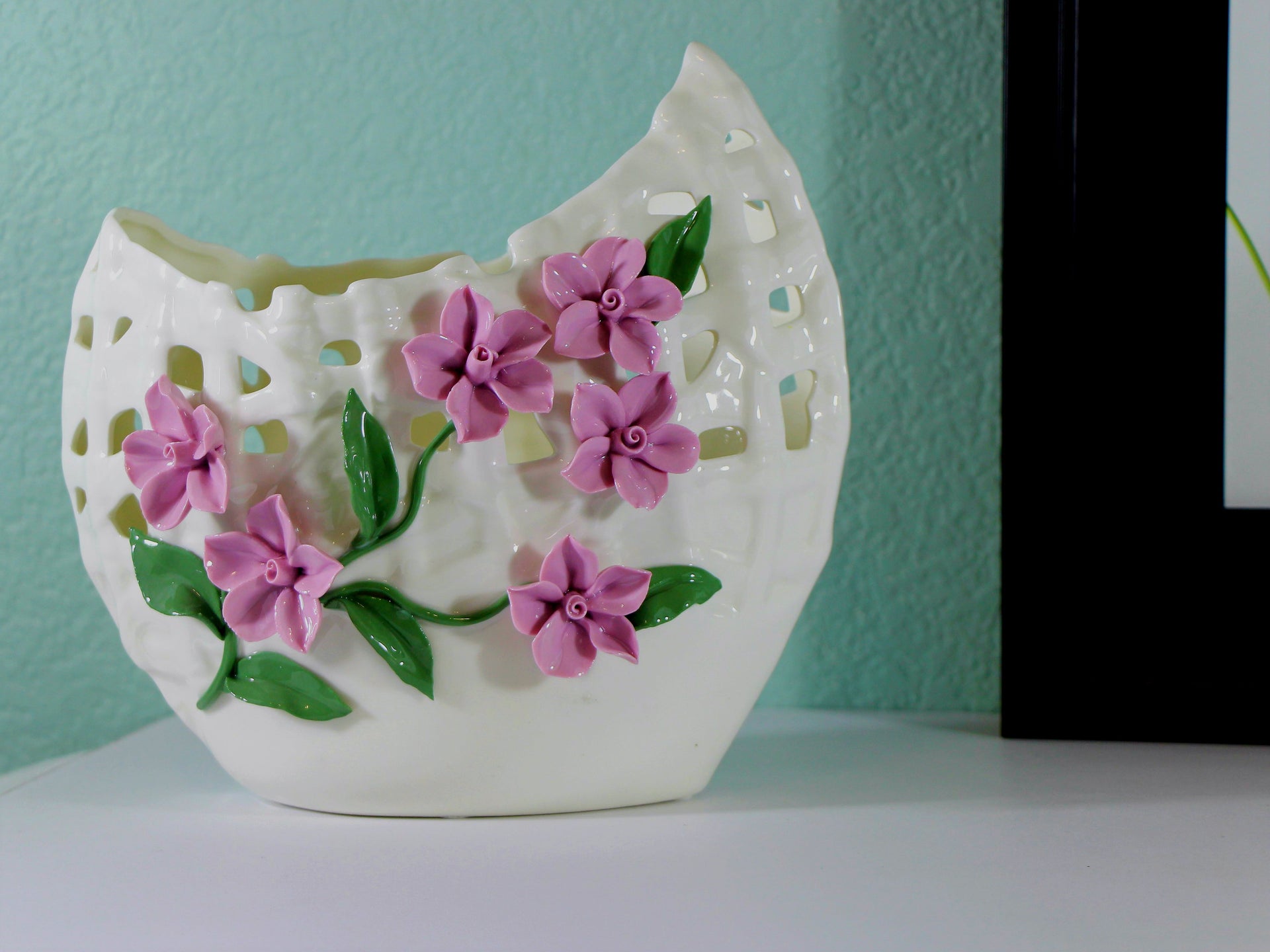 Wide Mouth Porcelain Vase with Pinched Purple Flowers