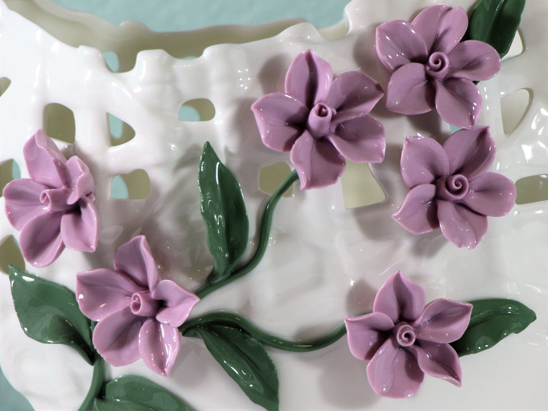 Wide Mouth Porcelain Vase with Pinched Purple Flowers