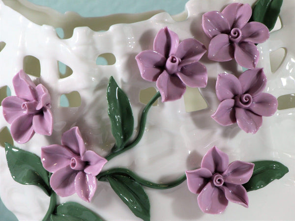 Wide Mouth Porcelain Vase with Pinched Purple Flowers