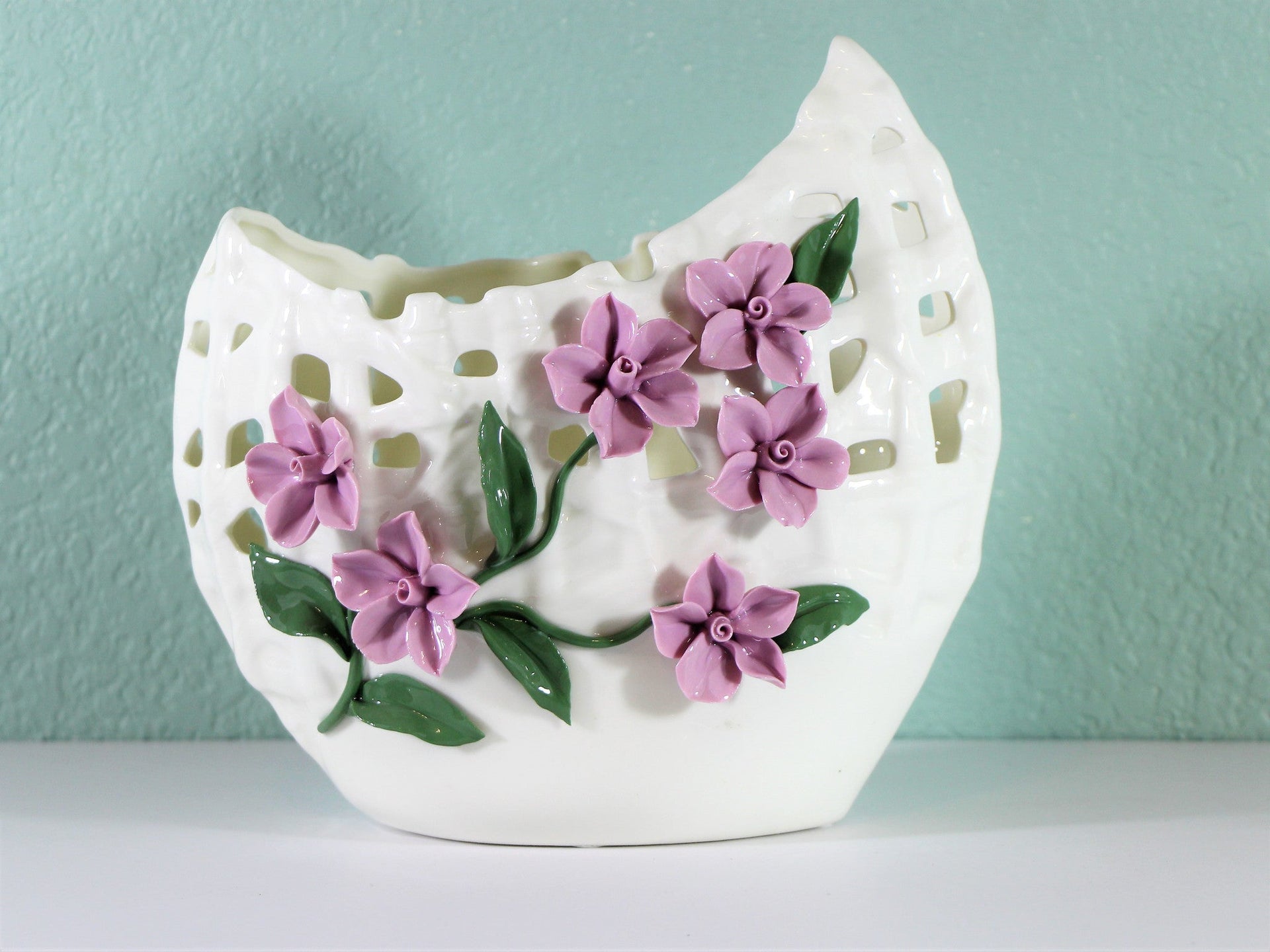 Wide Mouth Porcelain Vase with Pinched Purple Flowers