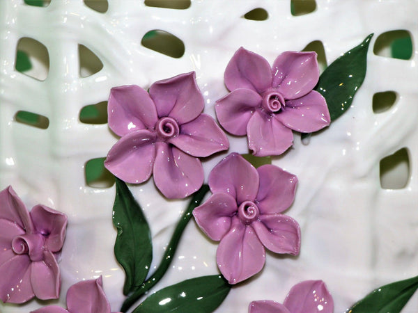 Wide Mouth Porcelain Vase with Pinched Purple Flowers
