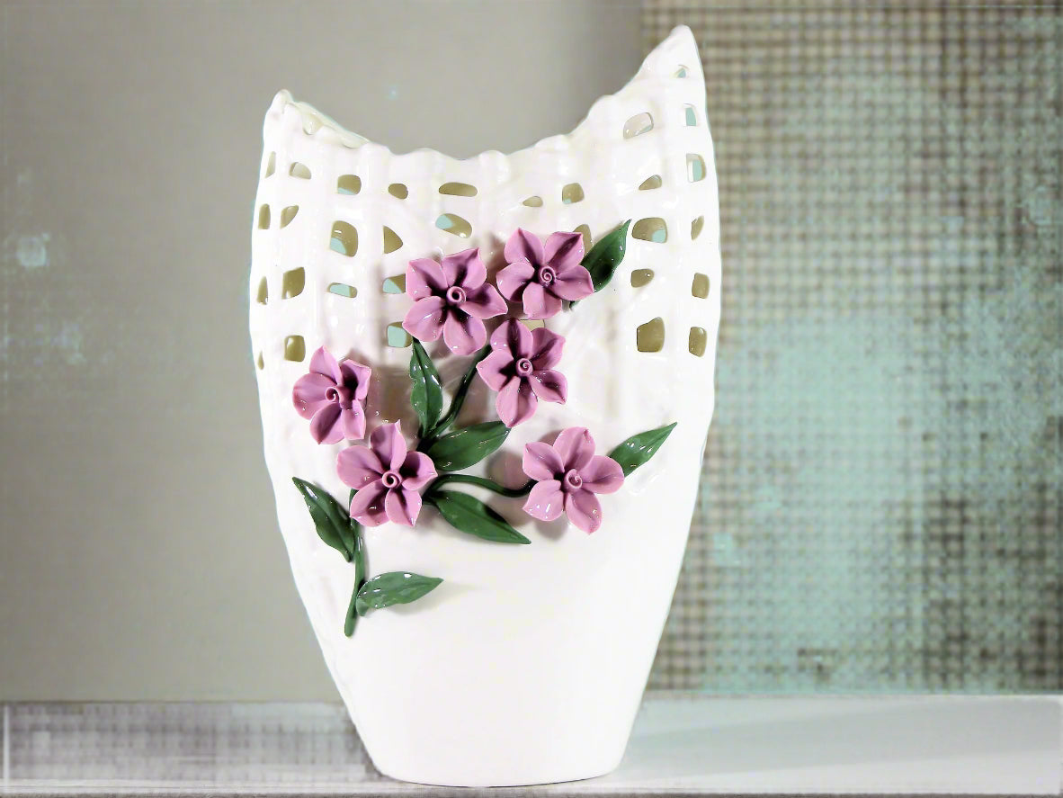 Basket Style Tall White Porcelain Vase with Pinched Purple Flowers