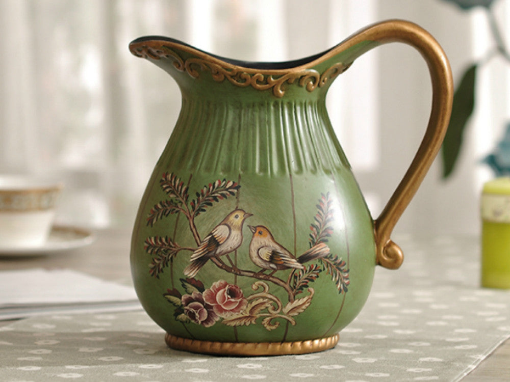 Green Love Birds Ceramic Vase and Canister Set – Olive Green Ceramic with Hand-Painted Love Birds Design