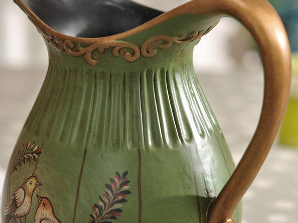 Green Love Birds Ceramic Vase and Canister Set – Olive Green Ceramic with Hand-Painted Love Birds Design