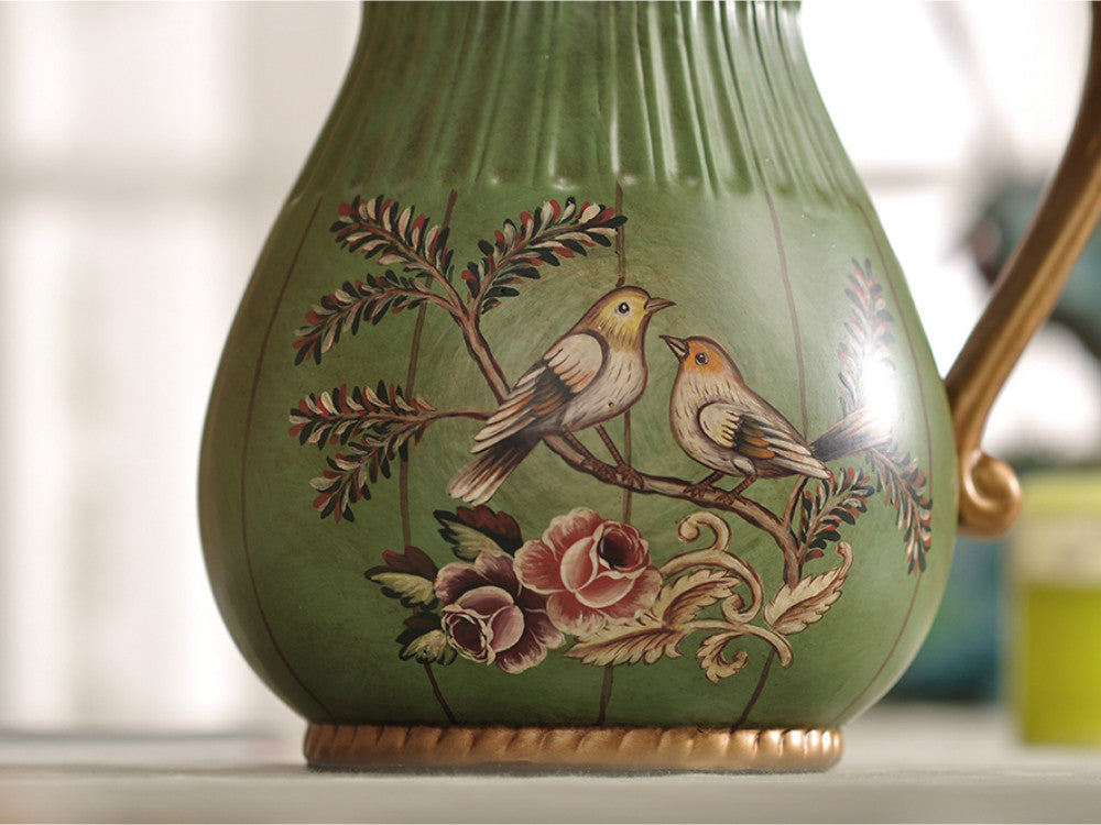 Green Love Birds Ceramic Vase and Canister Set – Olive Green Ceramic with Hand-Painted Love Birds Design