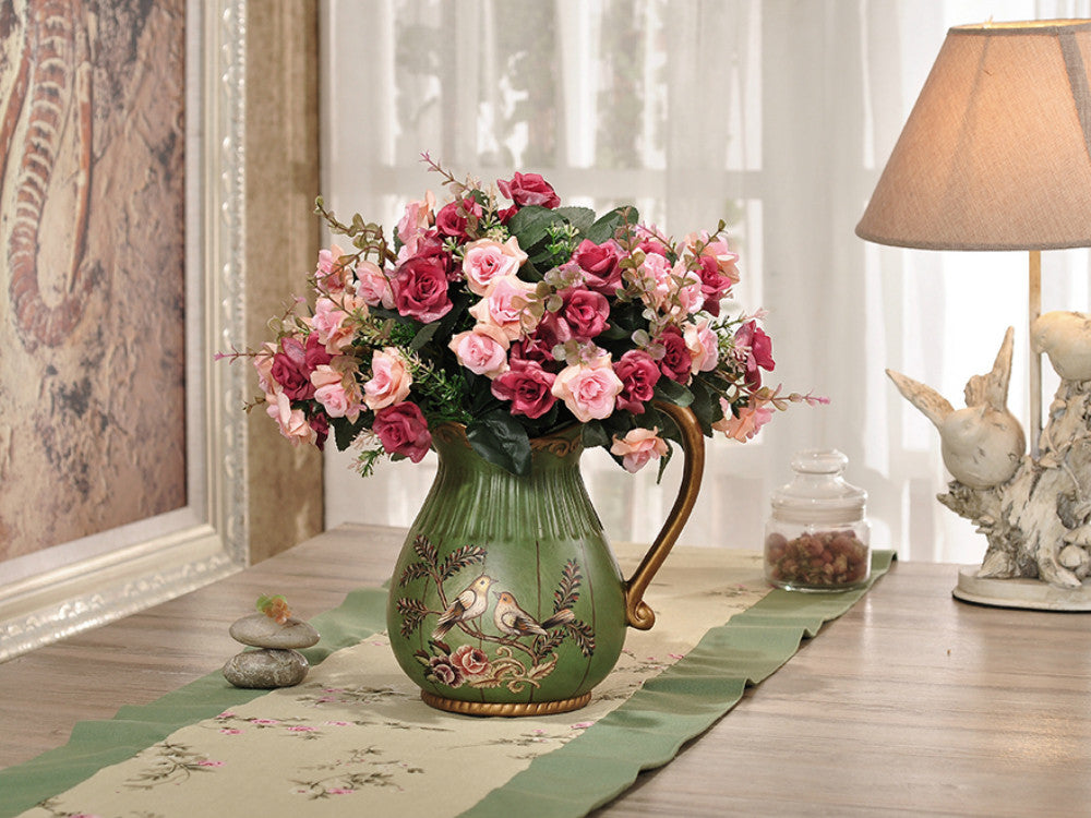 Green Love Birds Ceramic Vase and Canister Set – Olive Green Ceramic with Hand-Painted Love Birds Design