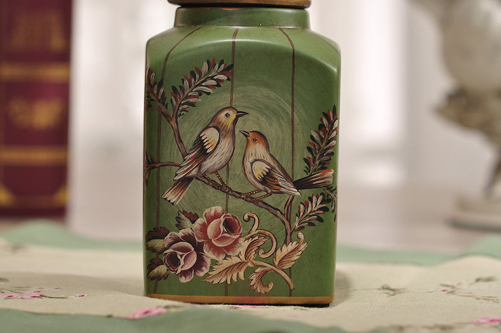 Green Love Birds Ceramic Vase and Canister Set – Olive Green Ceramic with Hand-Painted Love Birds Design