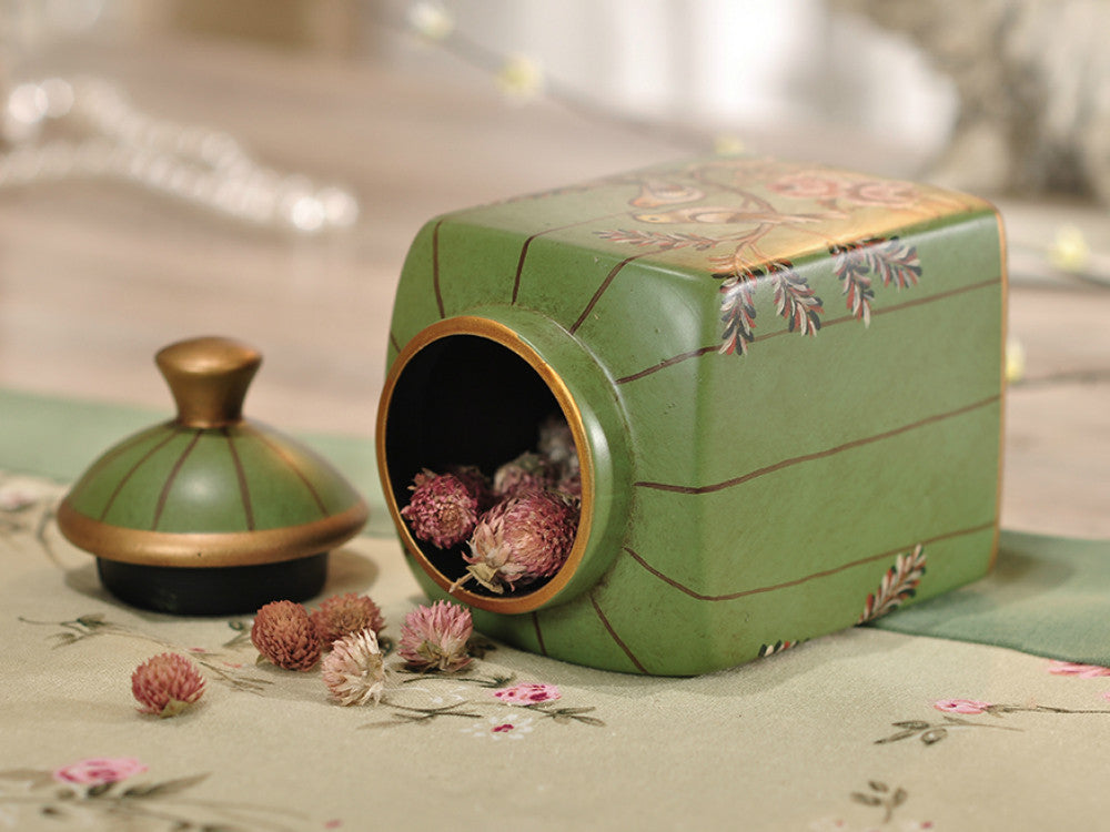 Green Love Birds Ceramic Vase and Canister Set – Olive Green Ceramic with Hand-Painted Love Birds Design