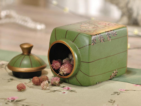Green Love Birds Ceramic Vase and Canister Set – Olive Green Ceramic with Hand-Painted Love Birds Design
