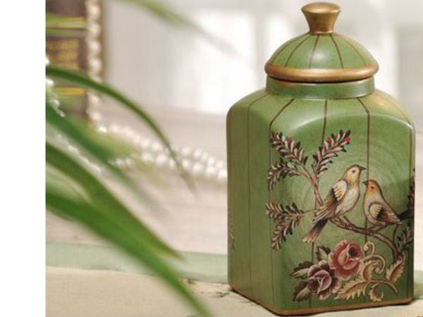 Green Love Birds Ceramic Vase and Canister Set – Olive Green Ceramic with Hand-Painted Love Birds Design
