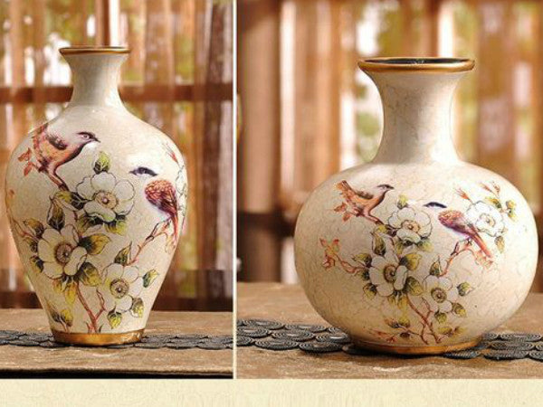 Sunbird Meadow 3-Piece Ceramic Vase Set – Elegant Off-White Ceramic Vases with Hand-Painted Sunbird and Floral Design