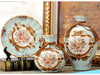 Royal Collection 3-Piece Ceramic Vase Set – Elegant Light Blue Ceramic Vases with Golden Rim and Floral Design