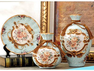 Royal Collection 3-Piece Ceramic Vase Set – Elegant Light Blue Ceramic Vases with Golden Rim and Floral Design