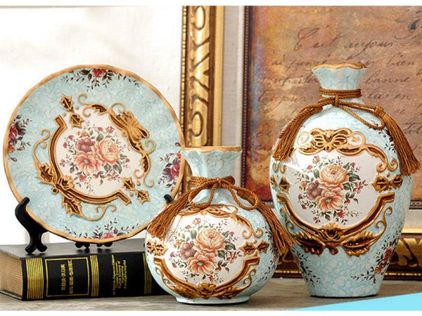 Royal Collection 3-Piece Ceramic Vase Set – Elegant Light Blue Ceramic Vases with Golden Rim and Floral Design