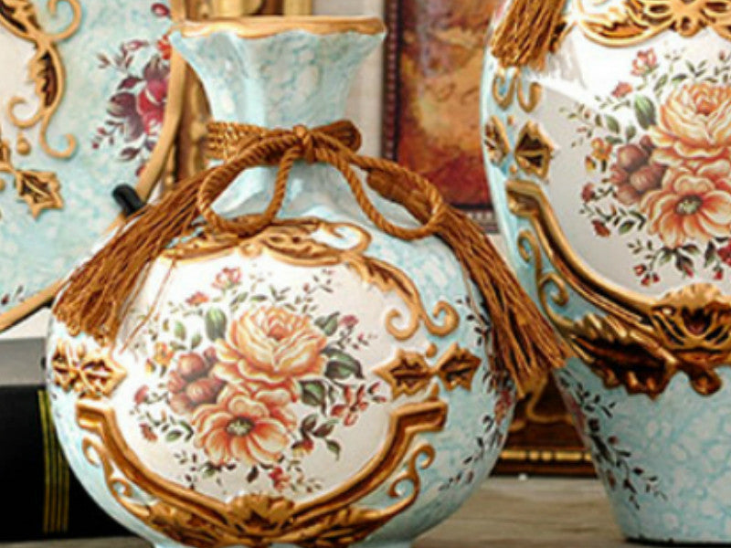 Royal Collection 3-Piece Ceramic Vase Set – Elegant Light Blue Ceramic Vases with Golden Rim and Floral Design