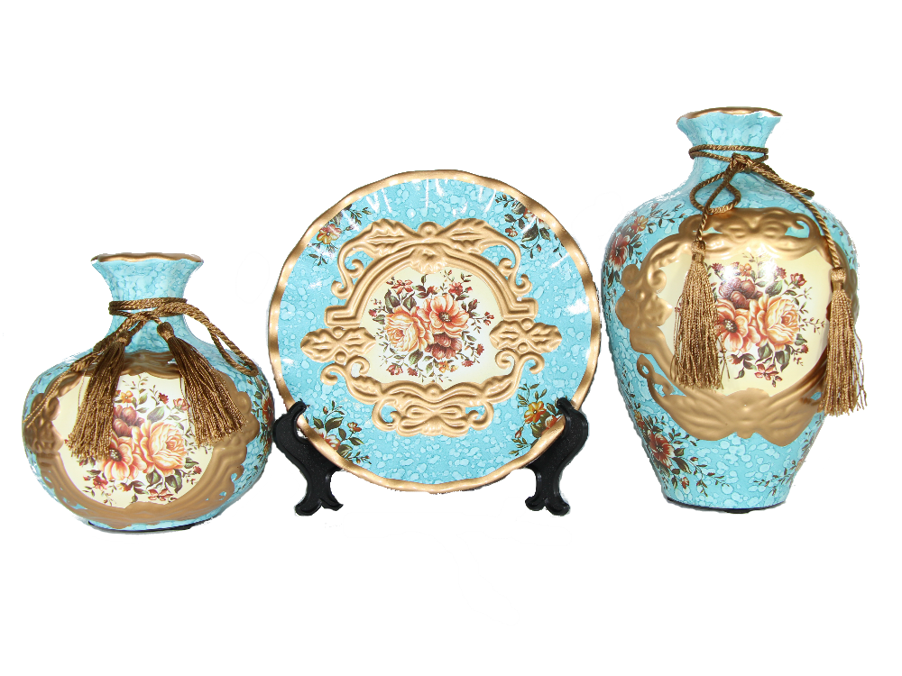 Royal Collection 3-Piece Ceramic Vase Set – Elegant Light Blue Ceramic Vases with Golden Rim and Floral Design