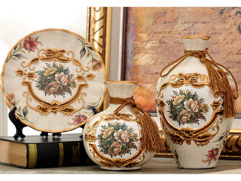 Royal Collection 3-Piece Ceramic Vase Set – Elegant Light Brown Ceramic Vases with Golden Rim and Tassel Design