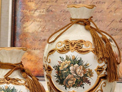 Royal Collection 3-Piece Ceramic Vase Set – Elegant Light Brown Ceramic Vases with Golden Rim and Tassel Design