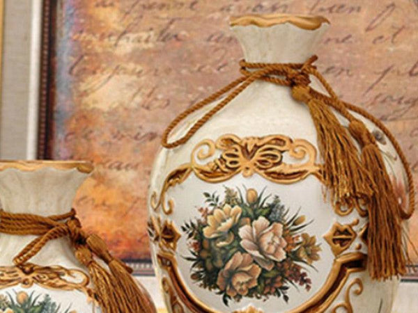 Royal Collection 3-Piece Ceramic Vase Set – Elegant Light Brown Ceramic Vases with Golden Rim and Tassel Design